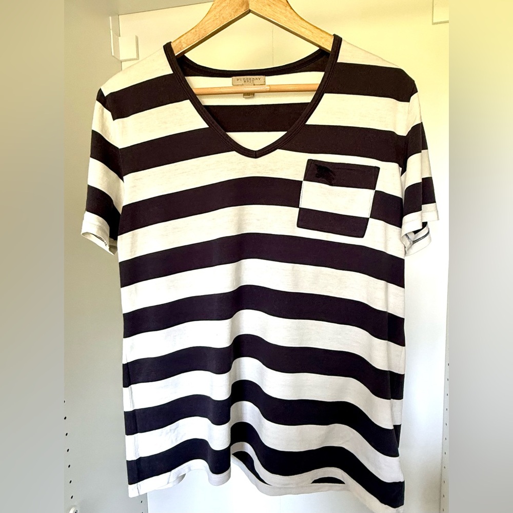 Burberry Brit Navy and White pocket V-neck T Shirt